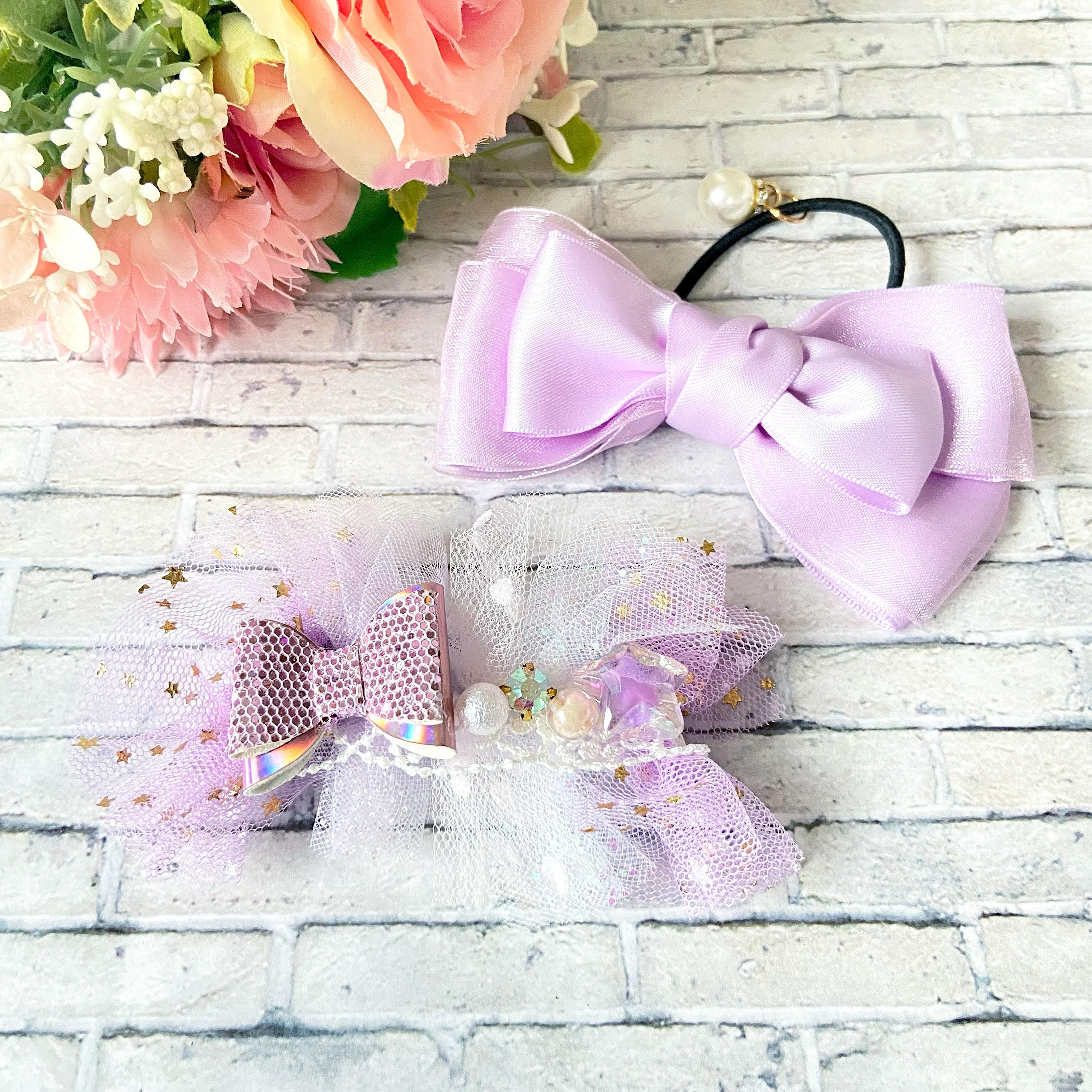 ドリーミィ☆チュールバレッタM ＆ オーガンジーサテンリボン　ヘアアクセサリー セット1枚目の画像