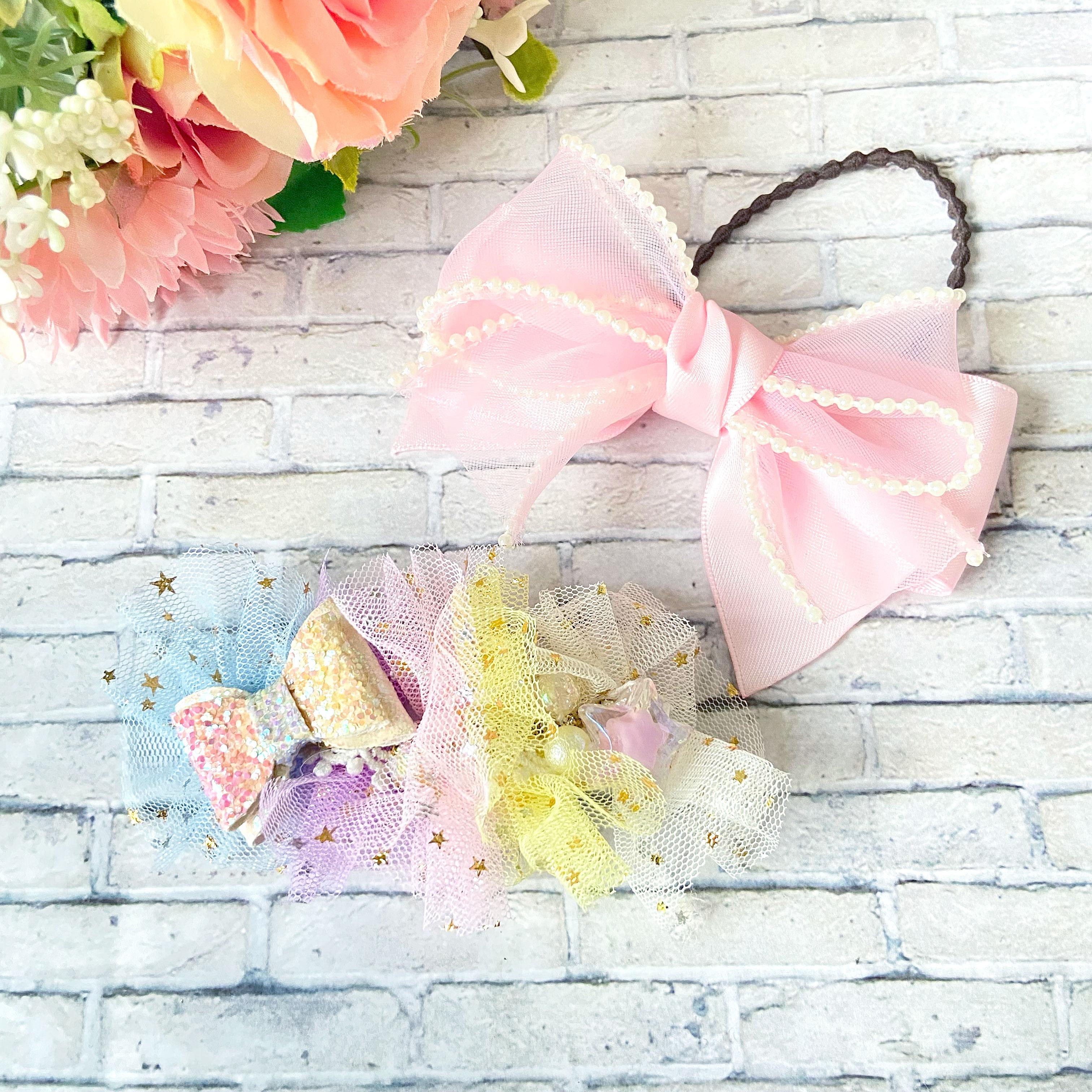 ドリーミィ☆チュールバレッタM ＆ サテンとパールエッジオーガンジーのリボン　ヘアアクセサリー セット（レインボー）1枚目の画像